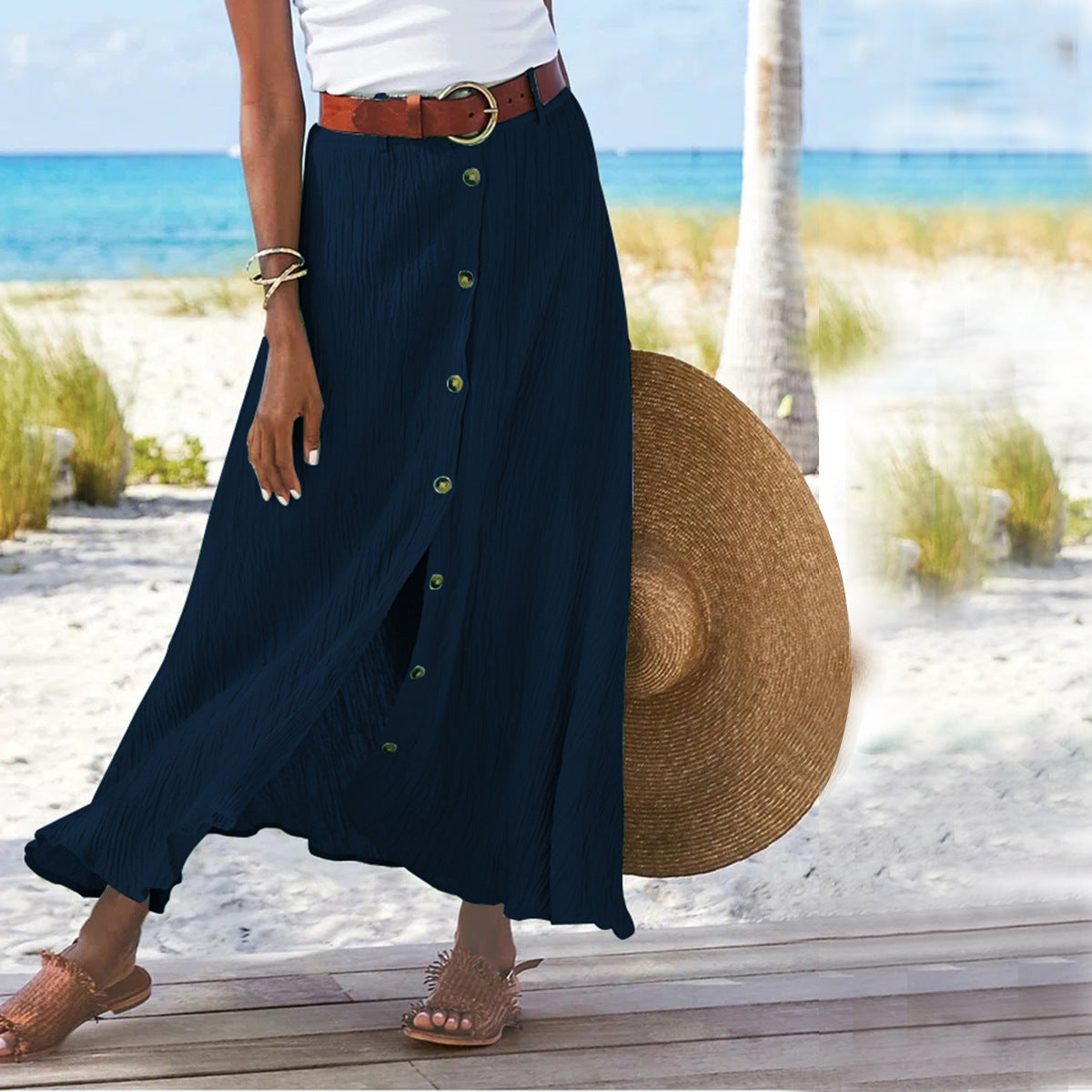 Summer Women Casual Button Decorative Cotton Skirt