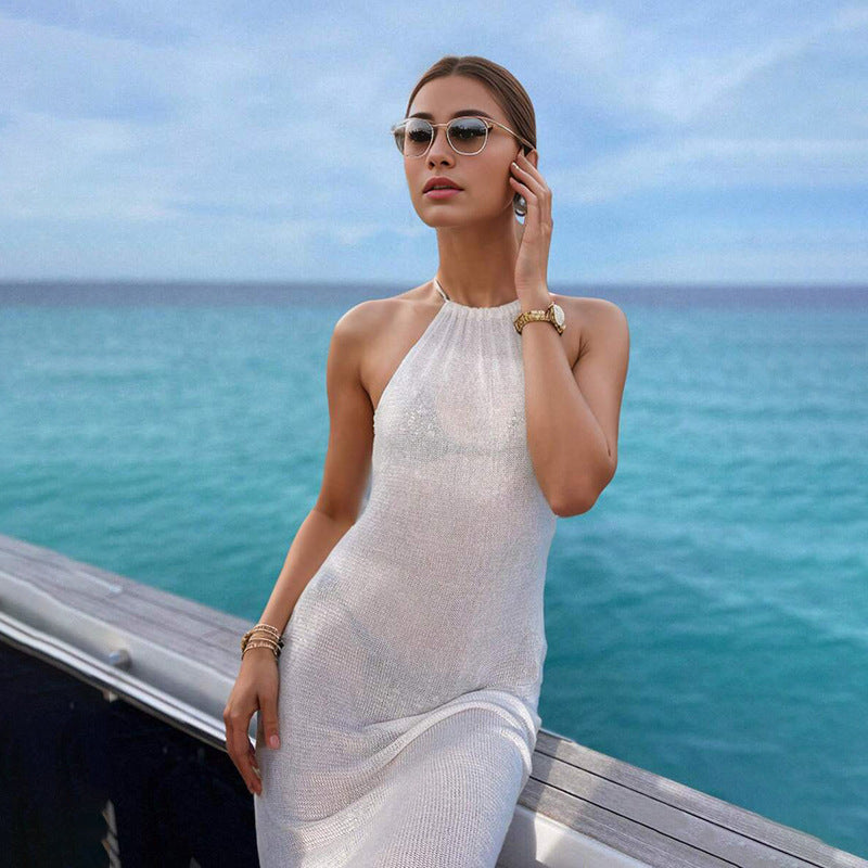 Women Fashion Sexy Solid Color Knitted Halter Dress