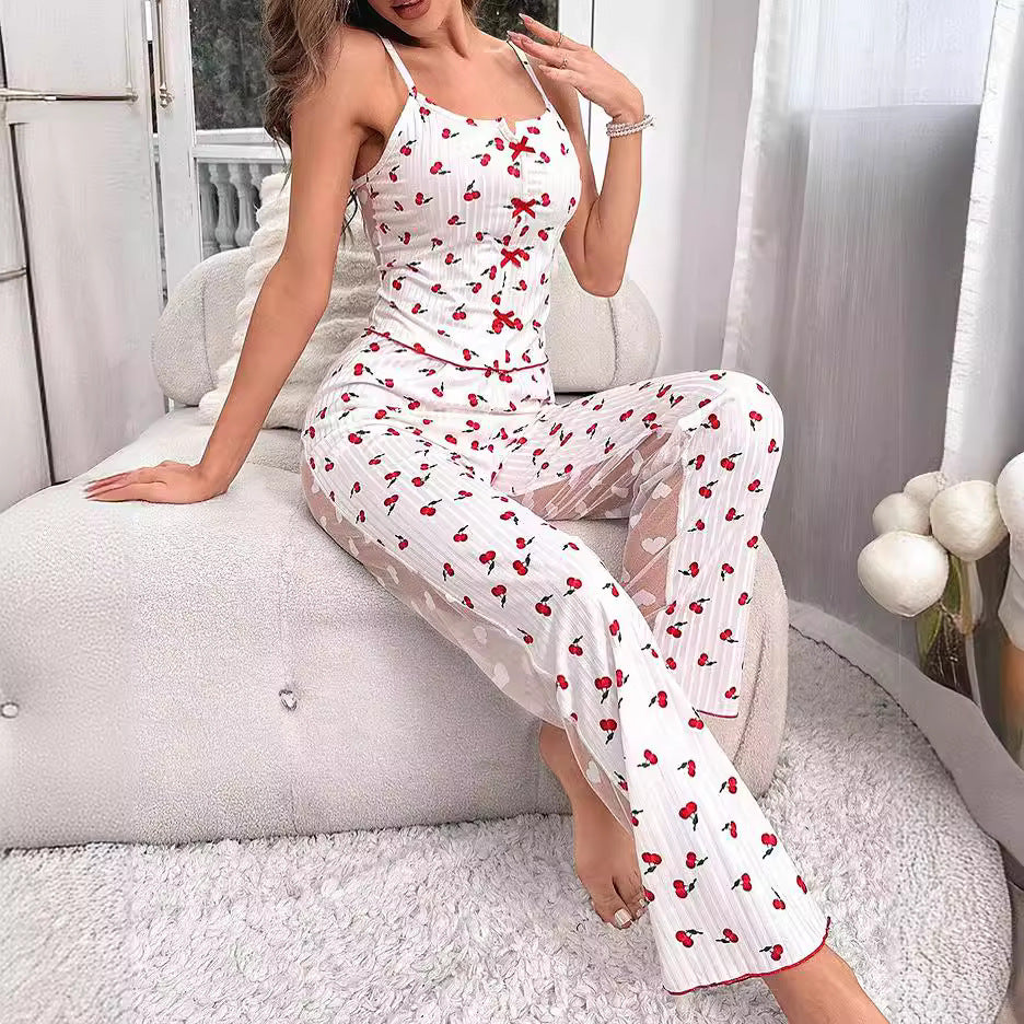 Conjunto de pijama sexy con camisola estampada y pantalones empalmados para mujer