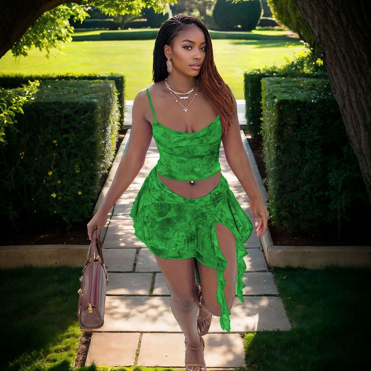 Women Fashion Sexy Tie-Dye Mesh Camisole Skirt Set