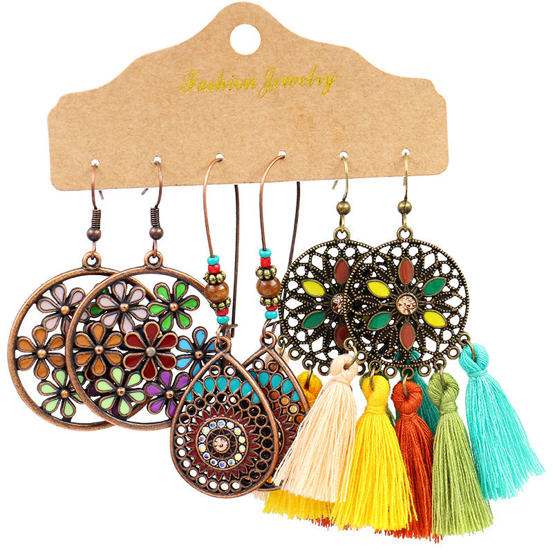 Conjunto de pendientes con borlas creativas retro de estilo étnico bohemio
