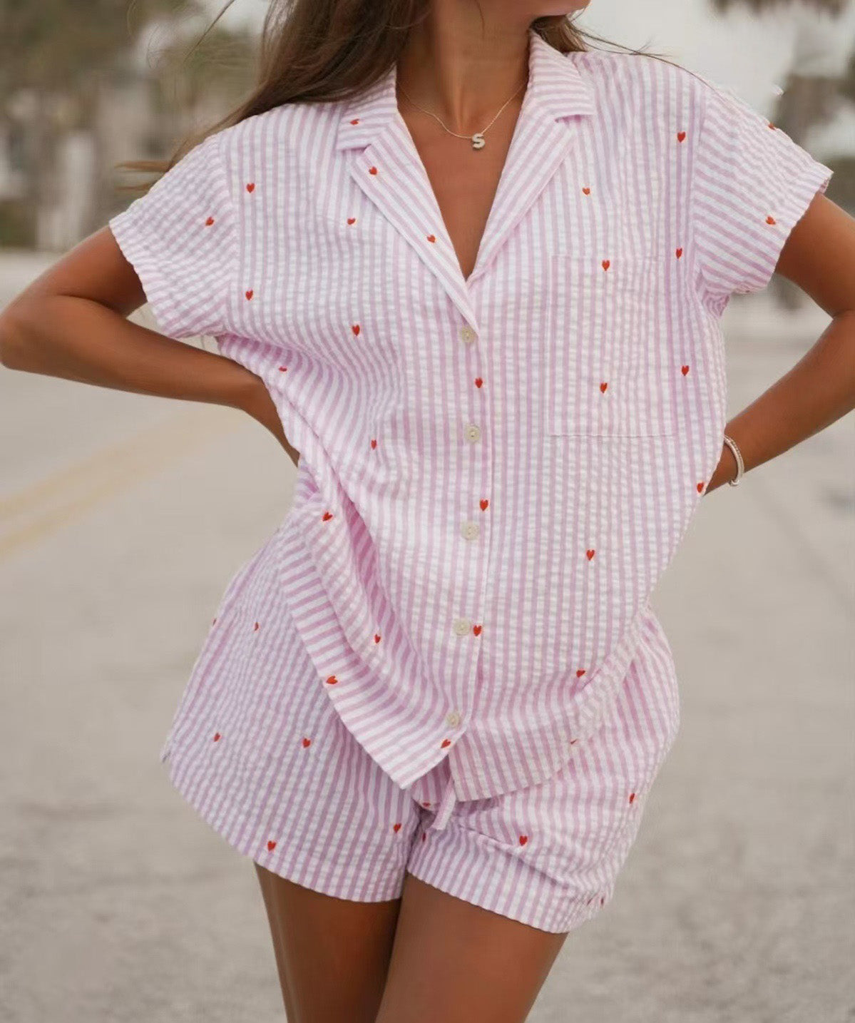 Women Casual Love Printed Lapel Short Sleeve Pajama Set