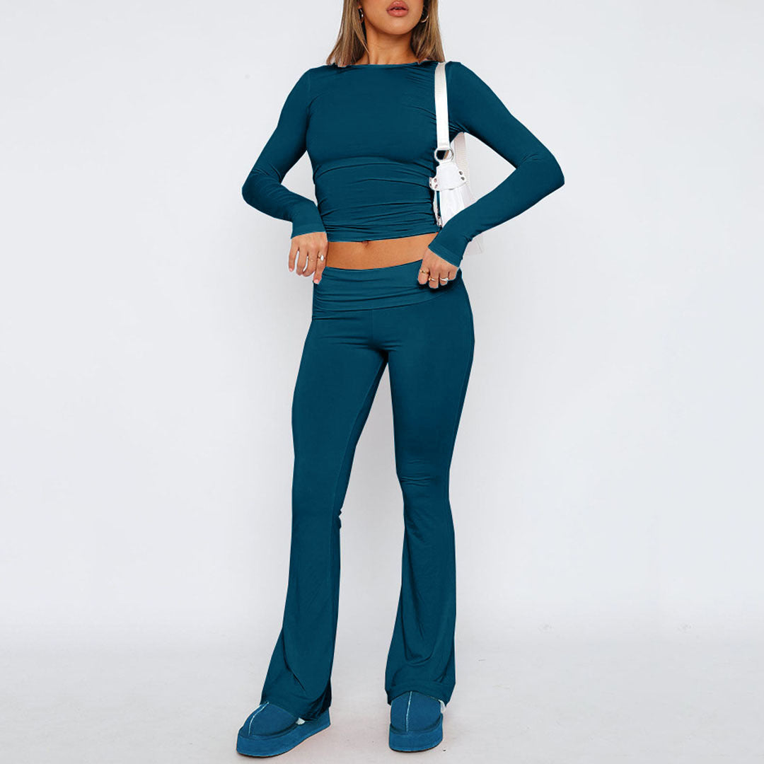 Women Yoga Solid Color Long Sleeve Trousers Set