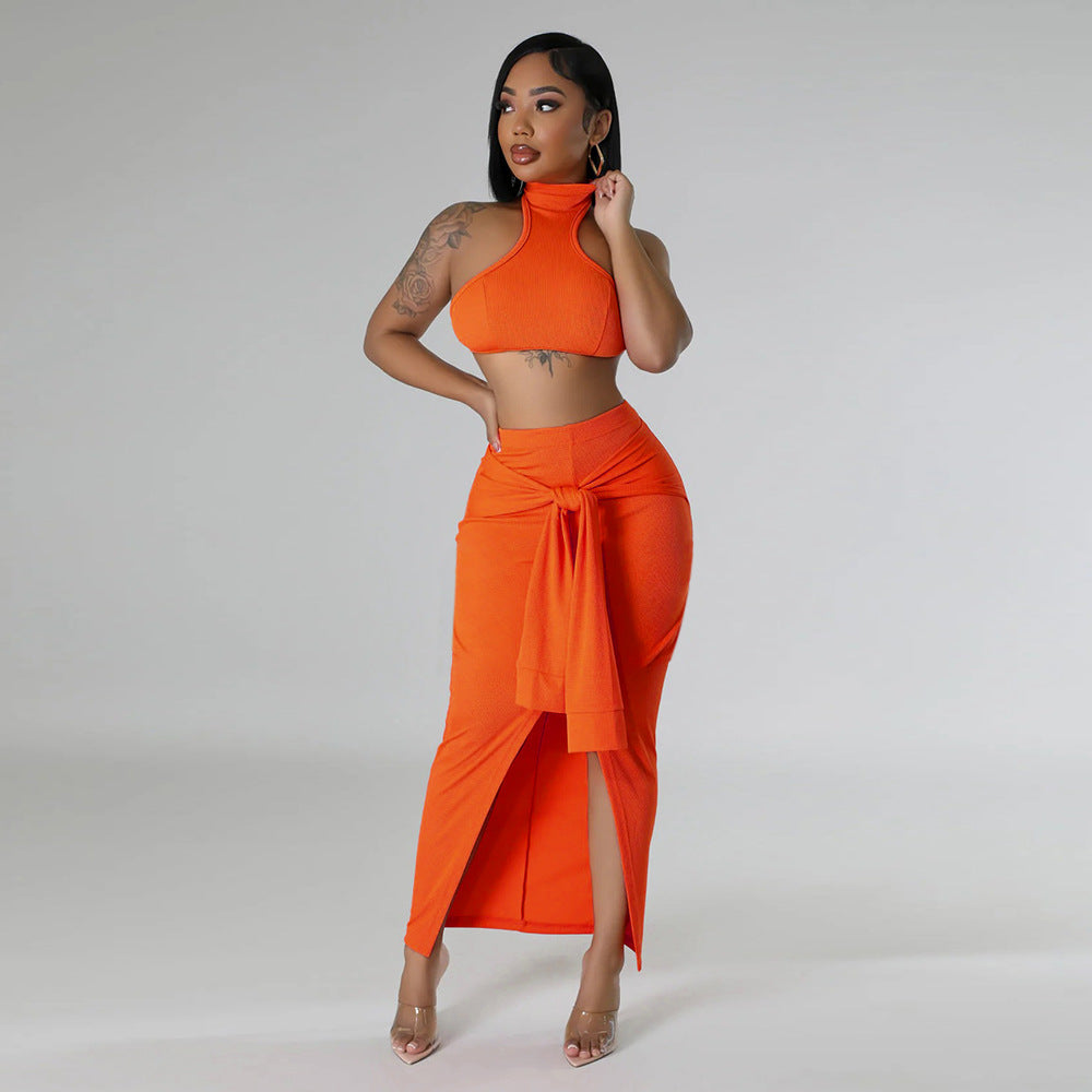 Conjunto de top corto sin mangas de color sólido sexy a la moda para mujer