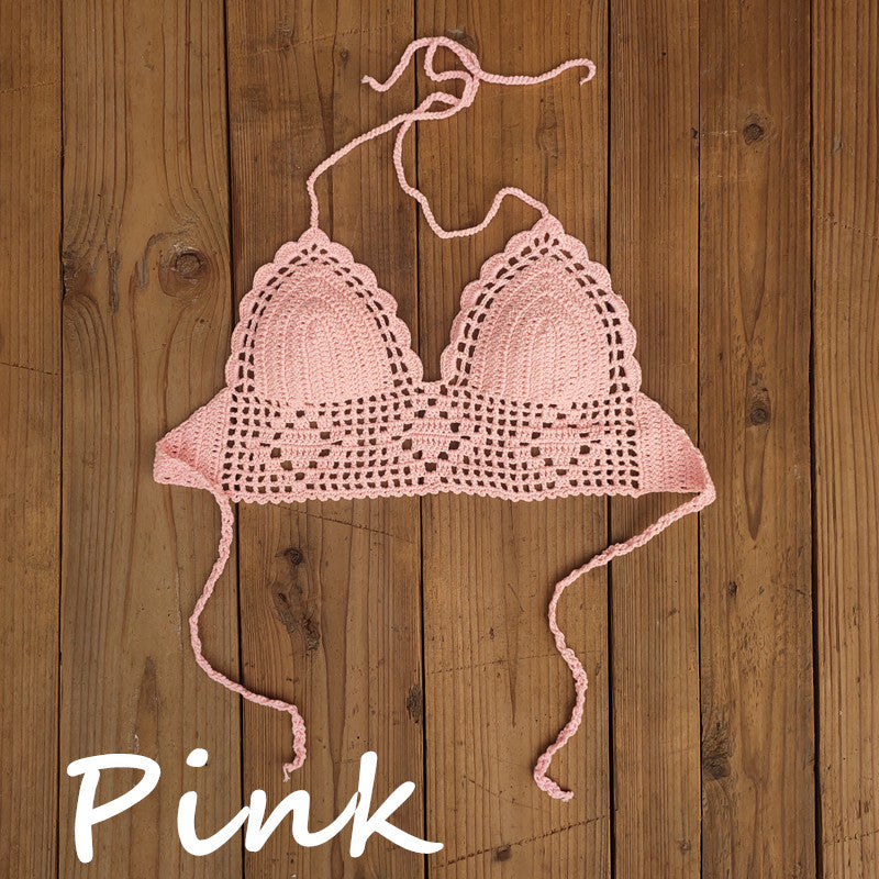 Top de bikini de crochet con cuello halter, sexy, de color liso para mujer