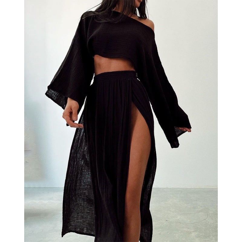 Women Casual Solid Cotton Linen Long Sleeve Crop Top and Skirt Set