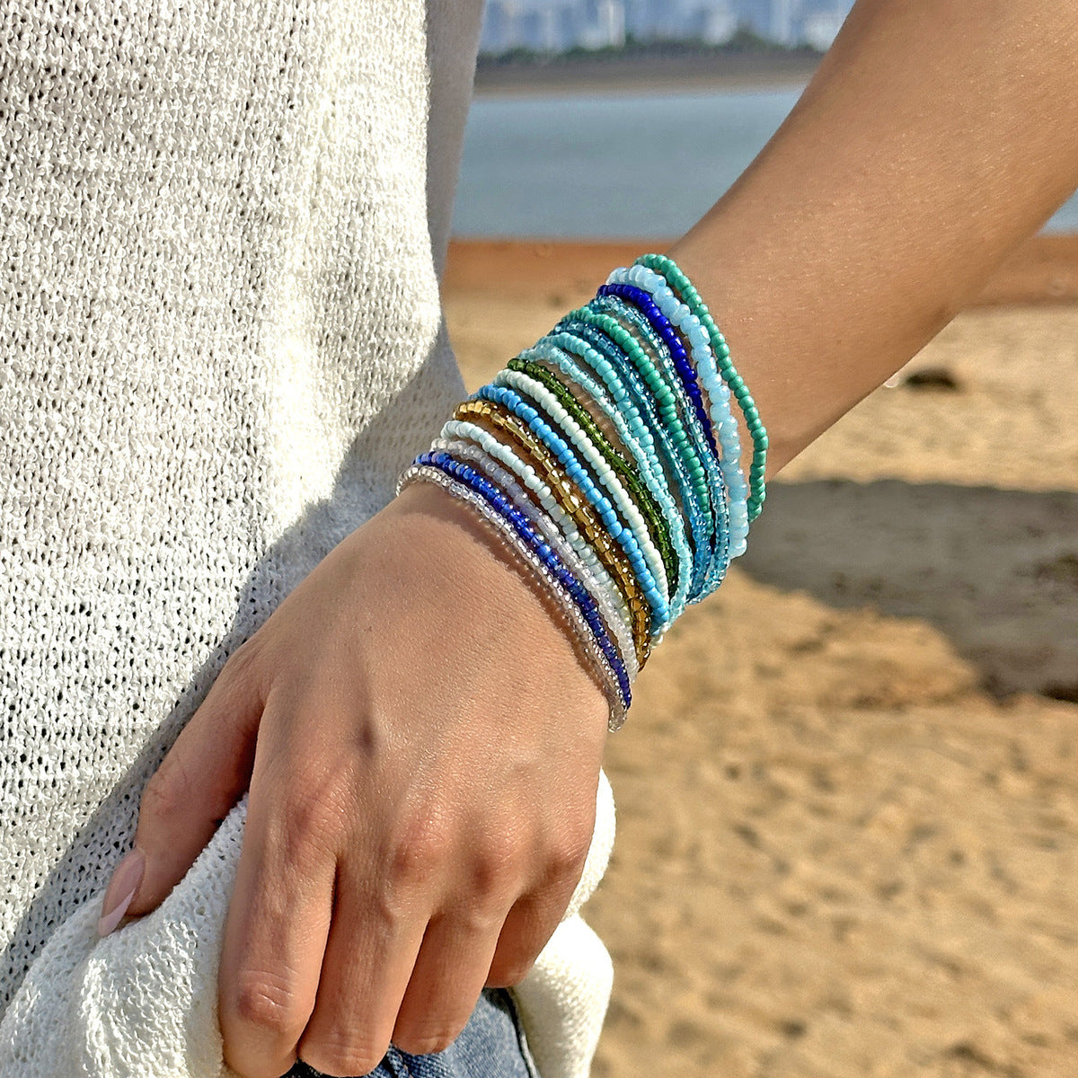 Women Fashion Boho Beach Contrast Bead Multi-Layer Stacked Bracelet