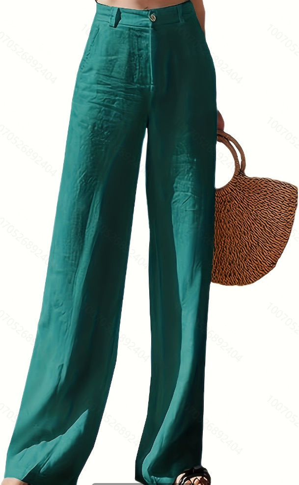Pantalones casuales de algodón y lino de color liso para mujer, pierna ancha y cintura alta