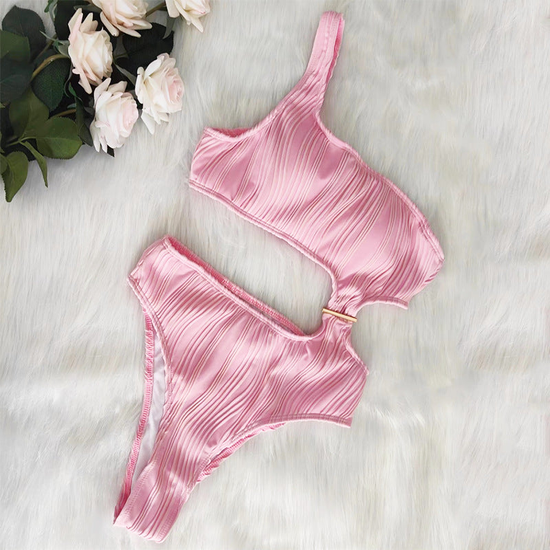 Traje de baño sexy de un solo hombro con huecos de color sólido para mujer