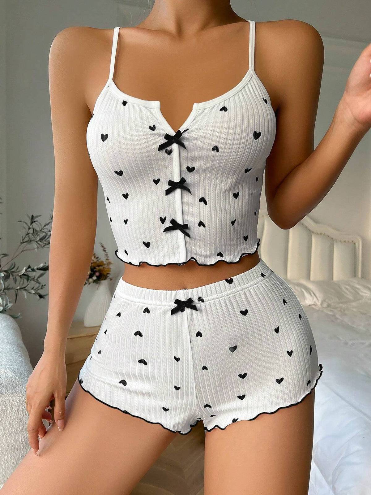 Women Fashion Sexy Printed Bowknot Camisole Shorts Set