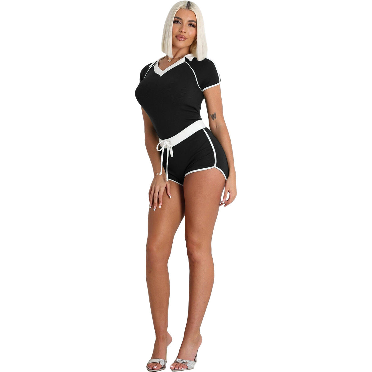 Conjunto de camiseta informal con cuello en V y pantalones cortos con cordón para mujer