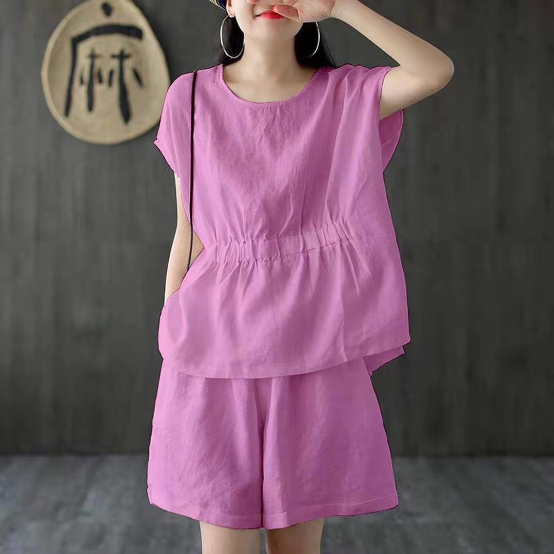 Women Fashion Casual Cotton Linen Two-Piece Set