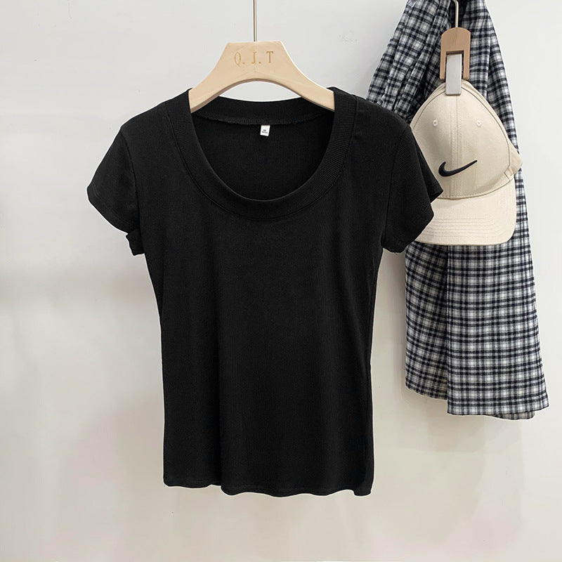 Camiseta sencilla de manga corta con cuello en U y hilo de color liso para mujer