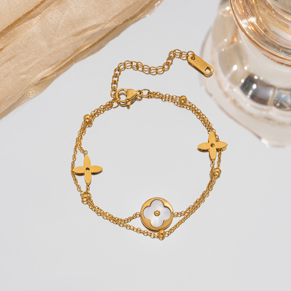 Fashion Double Layer Four Leaf Clover Titanium Steel Bracelet for Couples