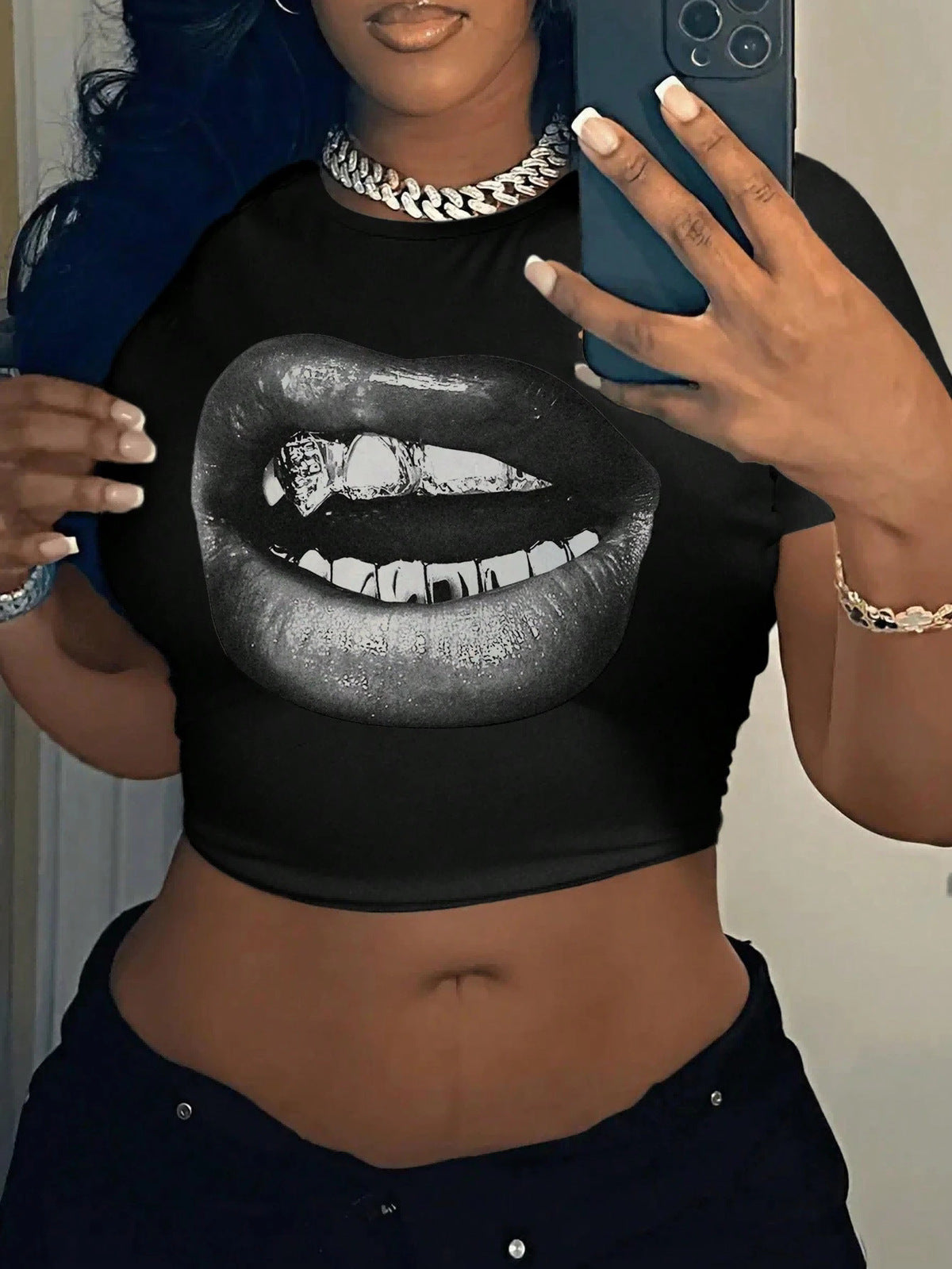 Women Fashion Sexy Printed Short Sleeve Crop Top