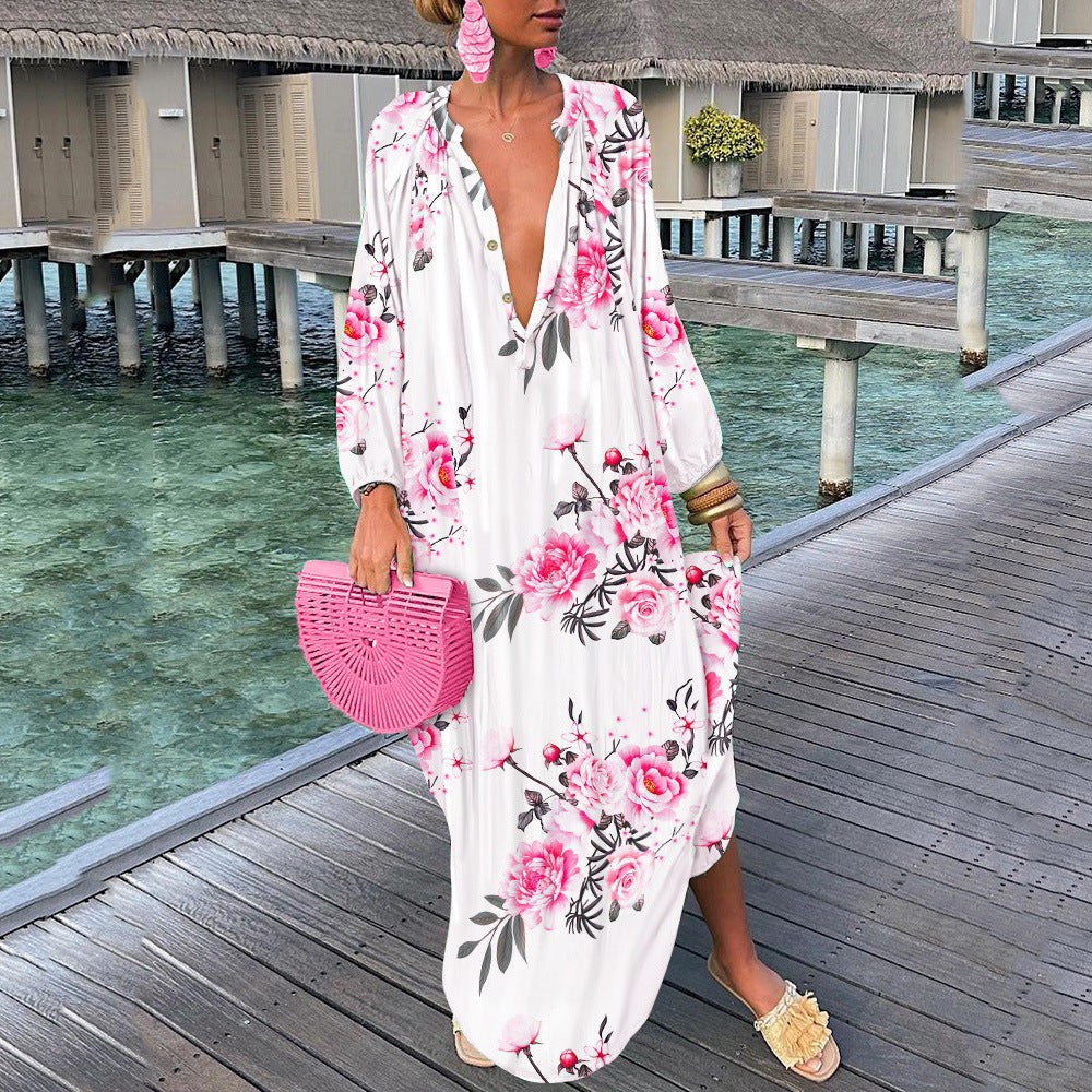 Robe bohème élégante vintage à manches longues et col en V pour femme