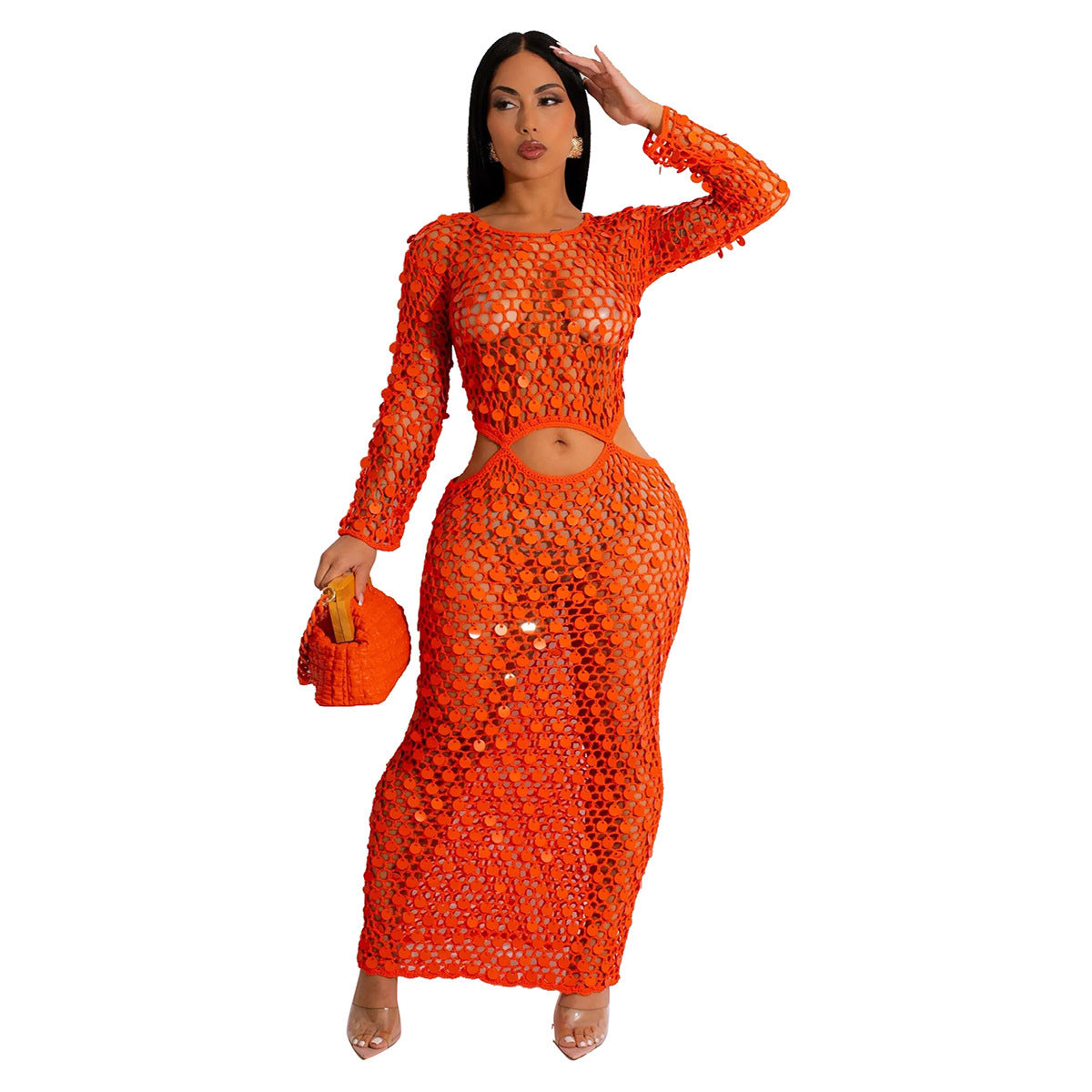 Women Sexy Handmade Knit Cutout Sequin Beach Dress