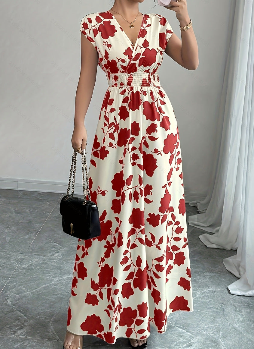 Women Fashion Elegant Floral Printed V-Neck Dress