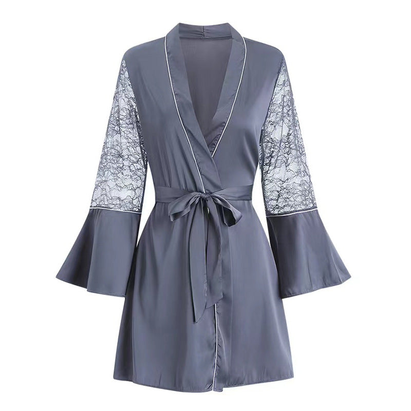 Elegant Lace Splicing V-Neck Long-Sleeve Dress Pajamas