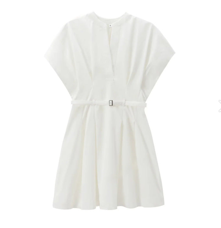 Robe d'été plissée à col en V pour femme, style bureau chic, en coton uni