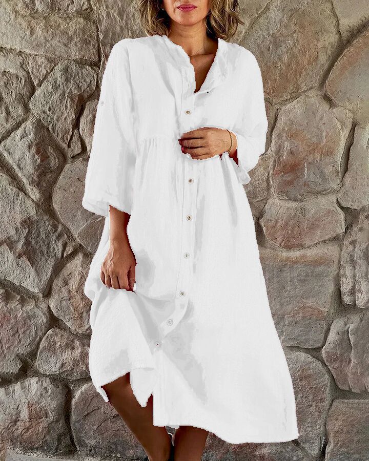 Robe chemise boutonnée décontractée en coton et lin pour femme, couleur unie