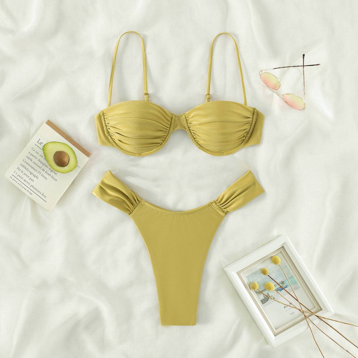 Traje de baño bikini plisado de color sólido sexy de moda para mujer