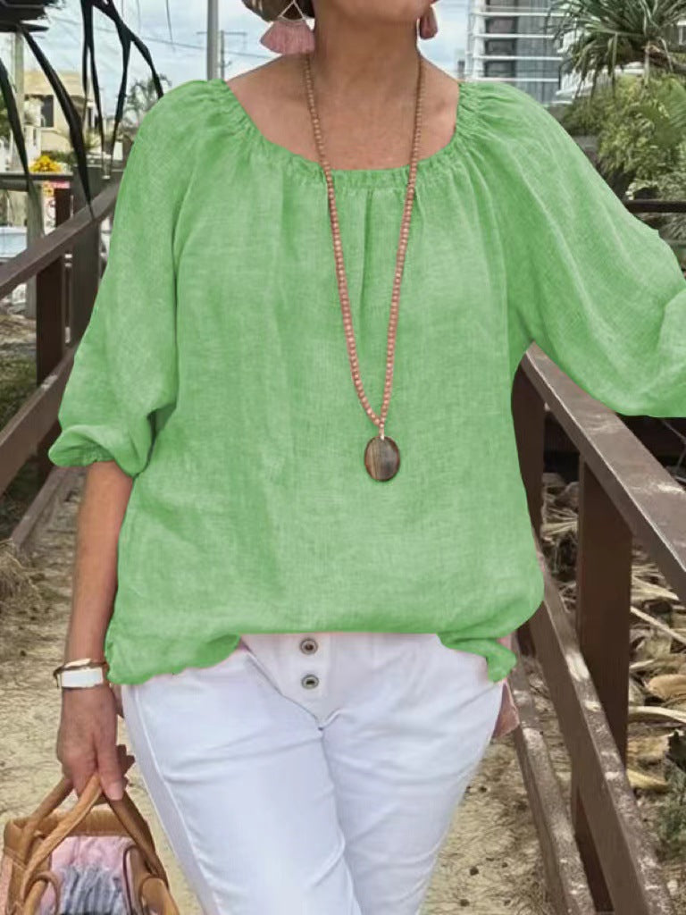 Top informal de lino y algodón con cuello redondo de color liso para mujer