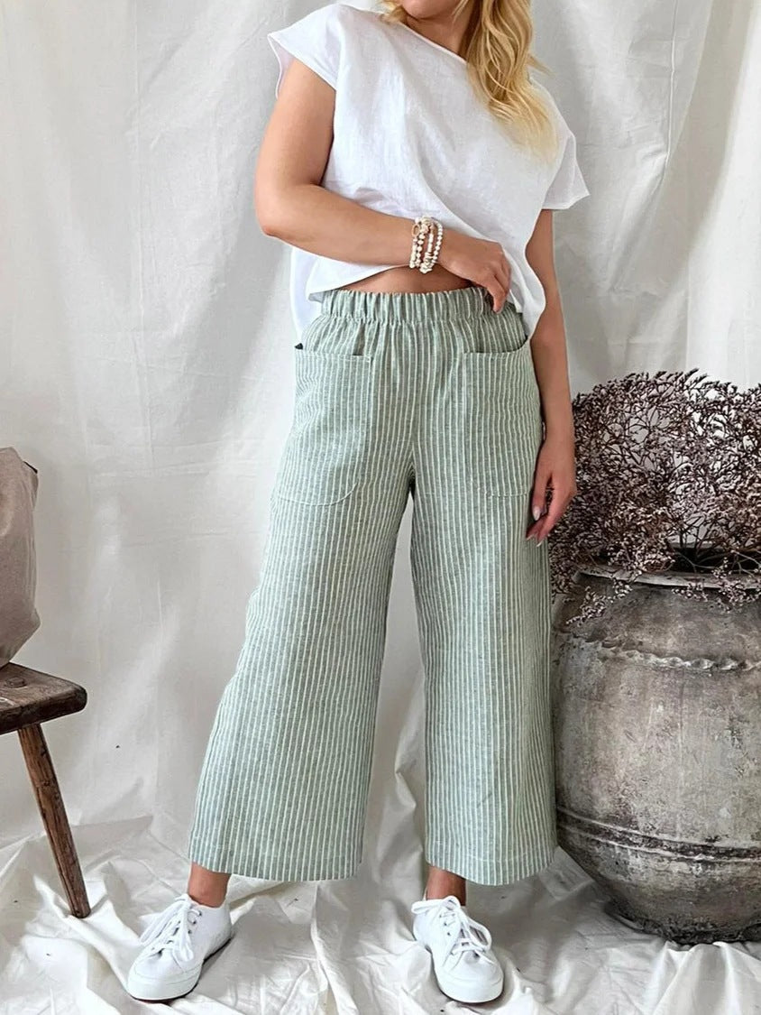 Pantalones casuales de lino y algodón a rayas de pierna ancha para mujer