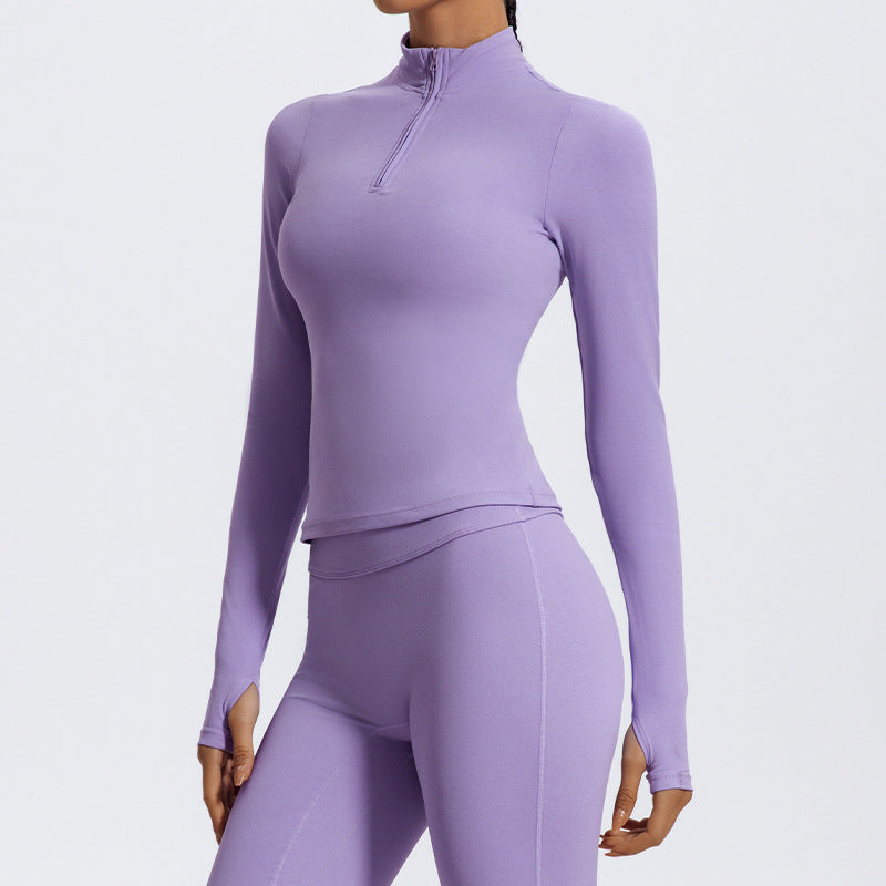 Haut de yoga à manches longues et demi-fermeture éclair pour femme, couleur unie, avec élasthanne