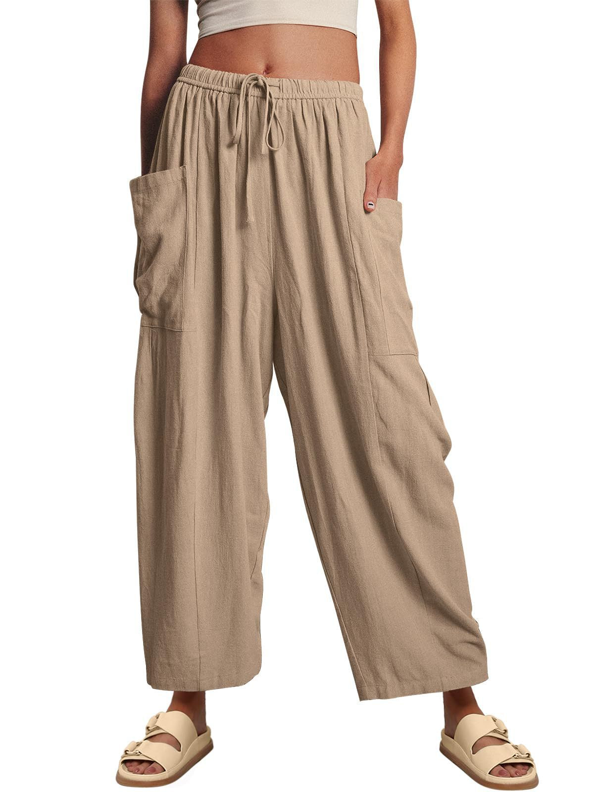 Pantalones anchos de cintura alta de lino y algodón para mujer
