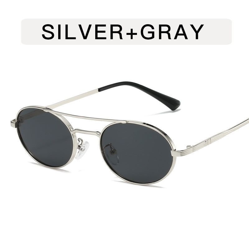 Fashion Personalized Small Frame Metal Double Beam Oval Sunglasses