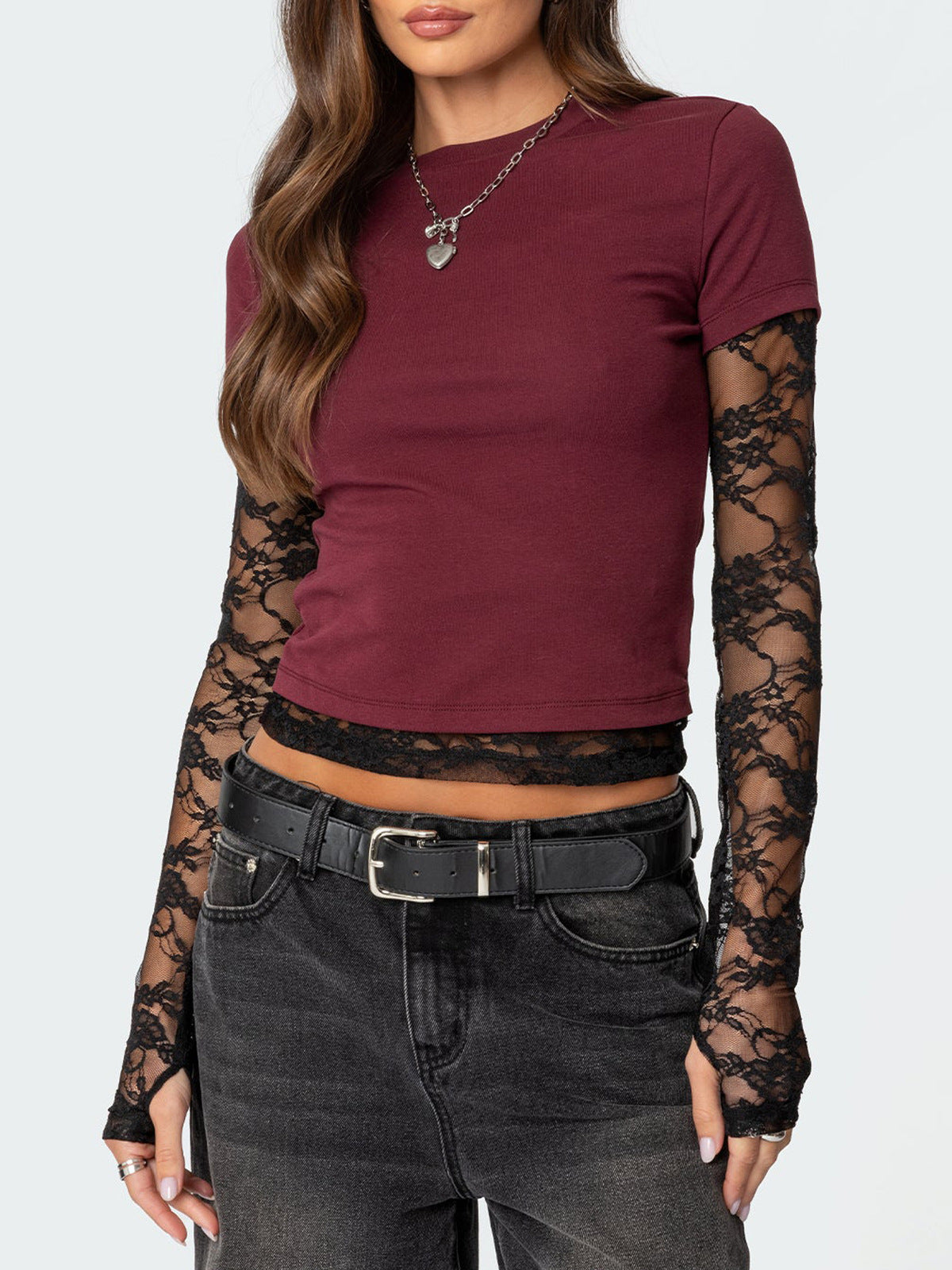 Women Y2k Lace Stitching Long Sleeve T-Shirt