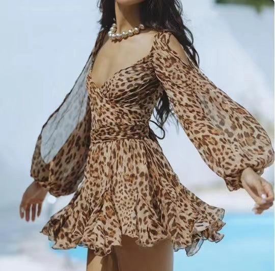 Spring Women Vacation Sexy Hollow Lantern Sleeve Dress