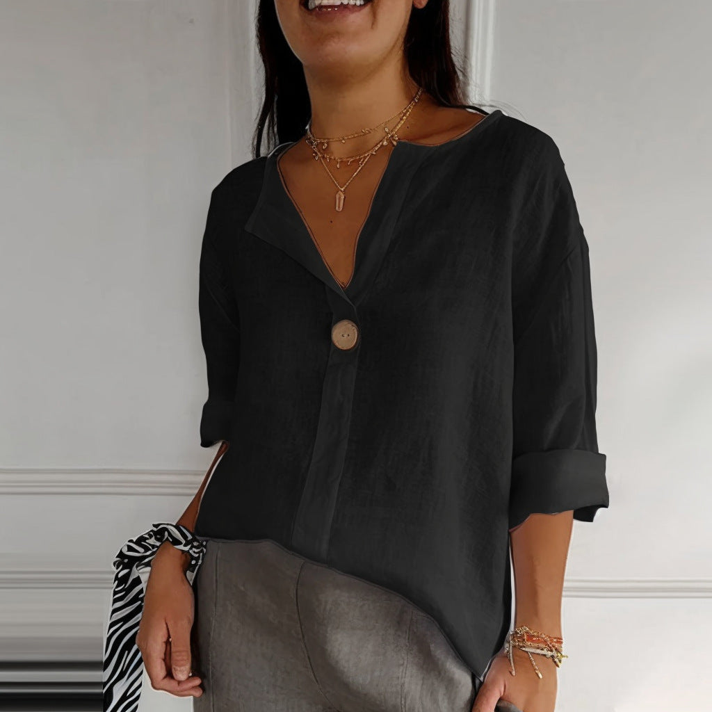 Camisa de lino y algodón de color liso, holgada e informal para mujer, cómoda y elegante.