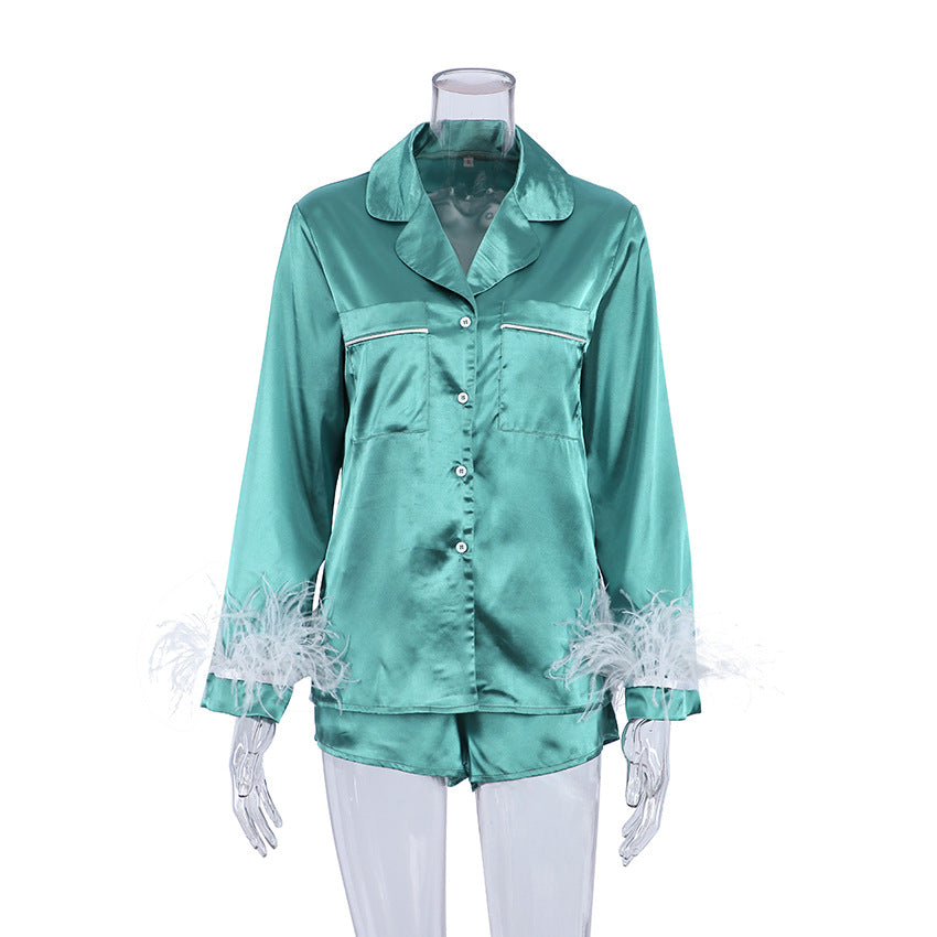 Women Fashion Loose Satin Ice Silk Long Sleeve Pajamas Set