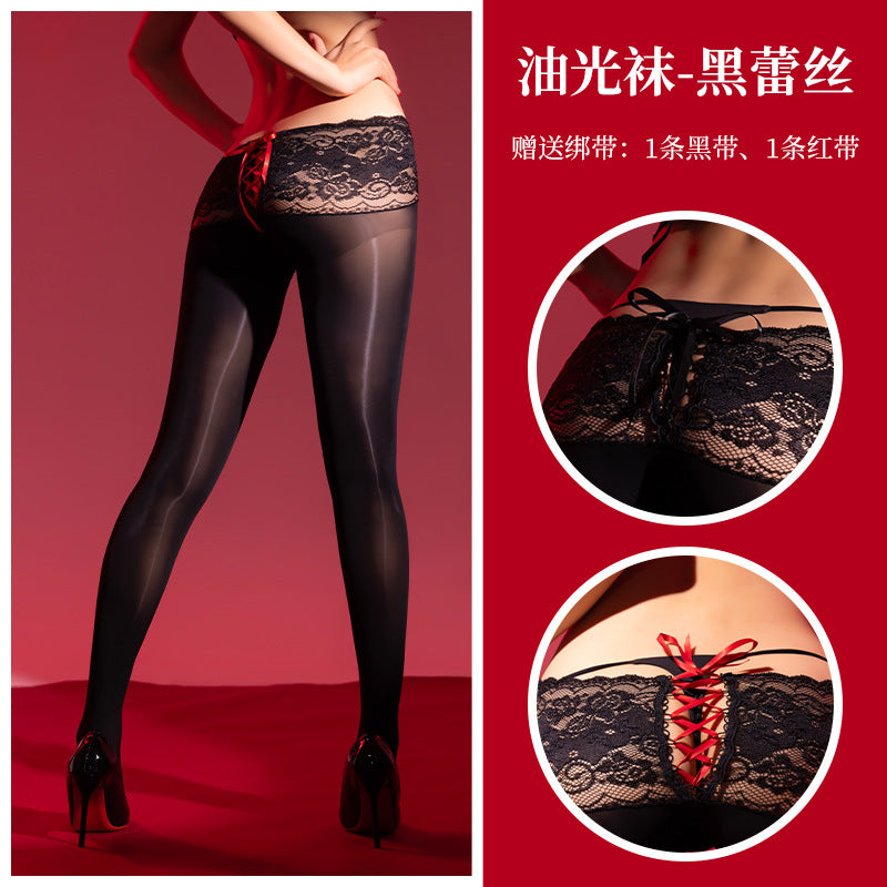 Women Sexy Lace Stitching Lace-Up Stockings