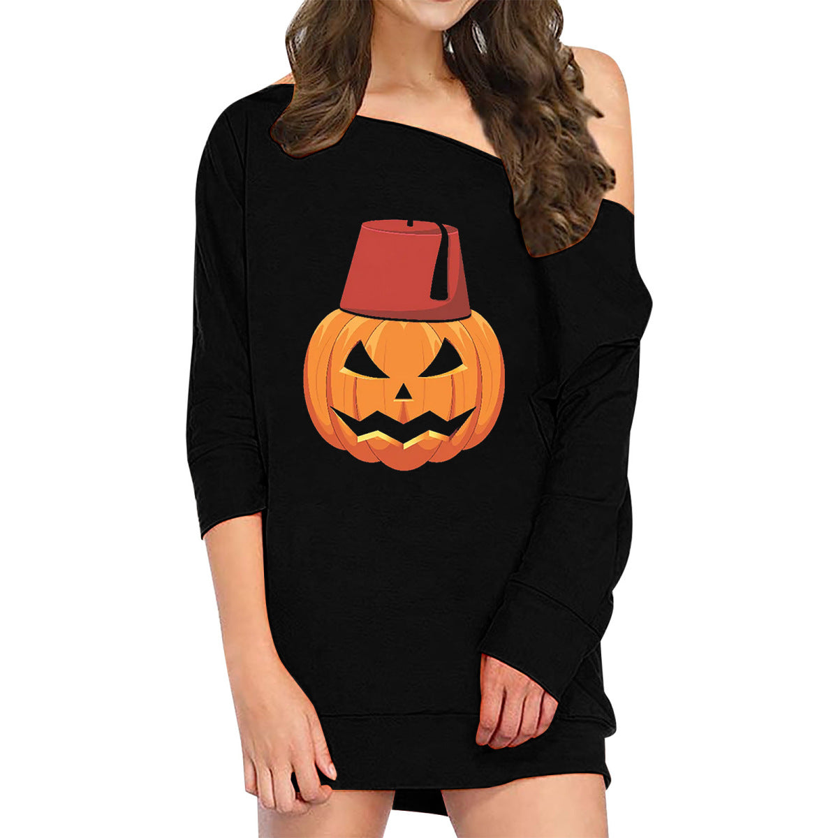 Vestido holgado de manga larga con estampado de calabaza y sonrisa de Halloween para mujer