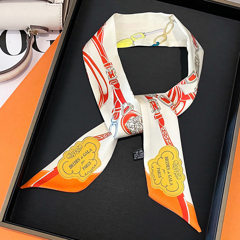 Women Fashion Printed Ribbon Tie Bag Handle Scarf