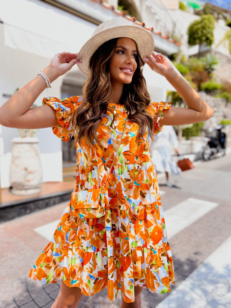 Vestido bohemio elegante de verano con volantes florales para mujer