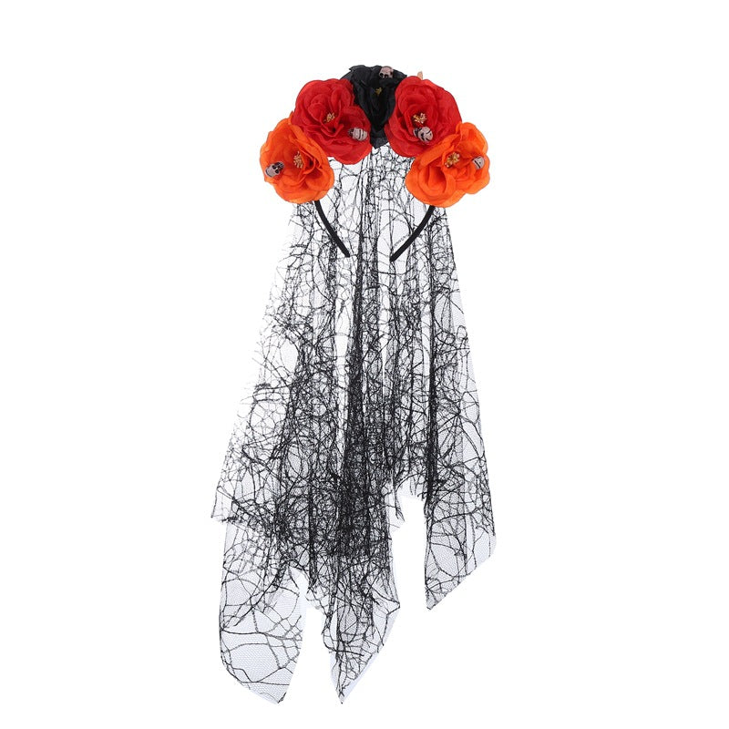 Bandeau en tissu de style gothique avec motif floral et tête de mort, ornement d'Halloween