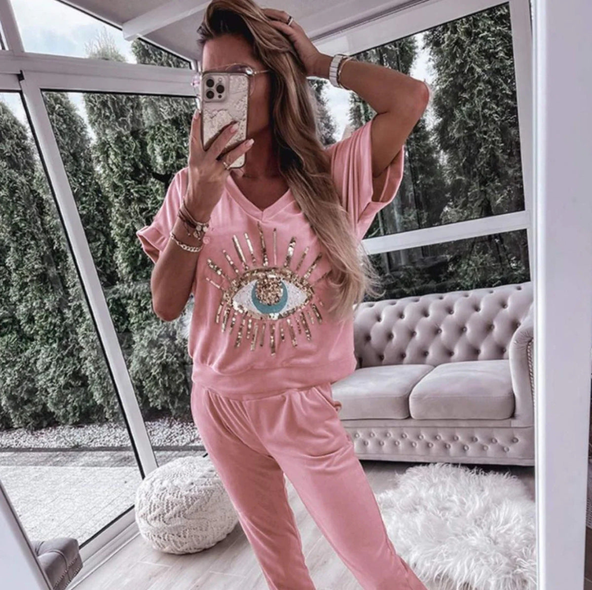 Conjunto de dos piezas con cuello en V y estampado de lentejuelas de ojo de diablo