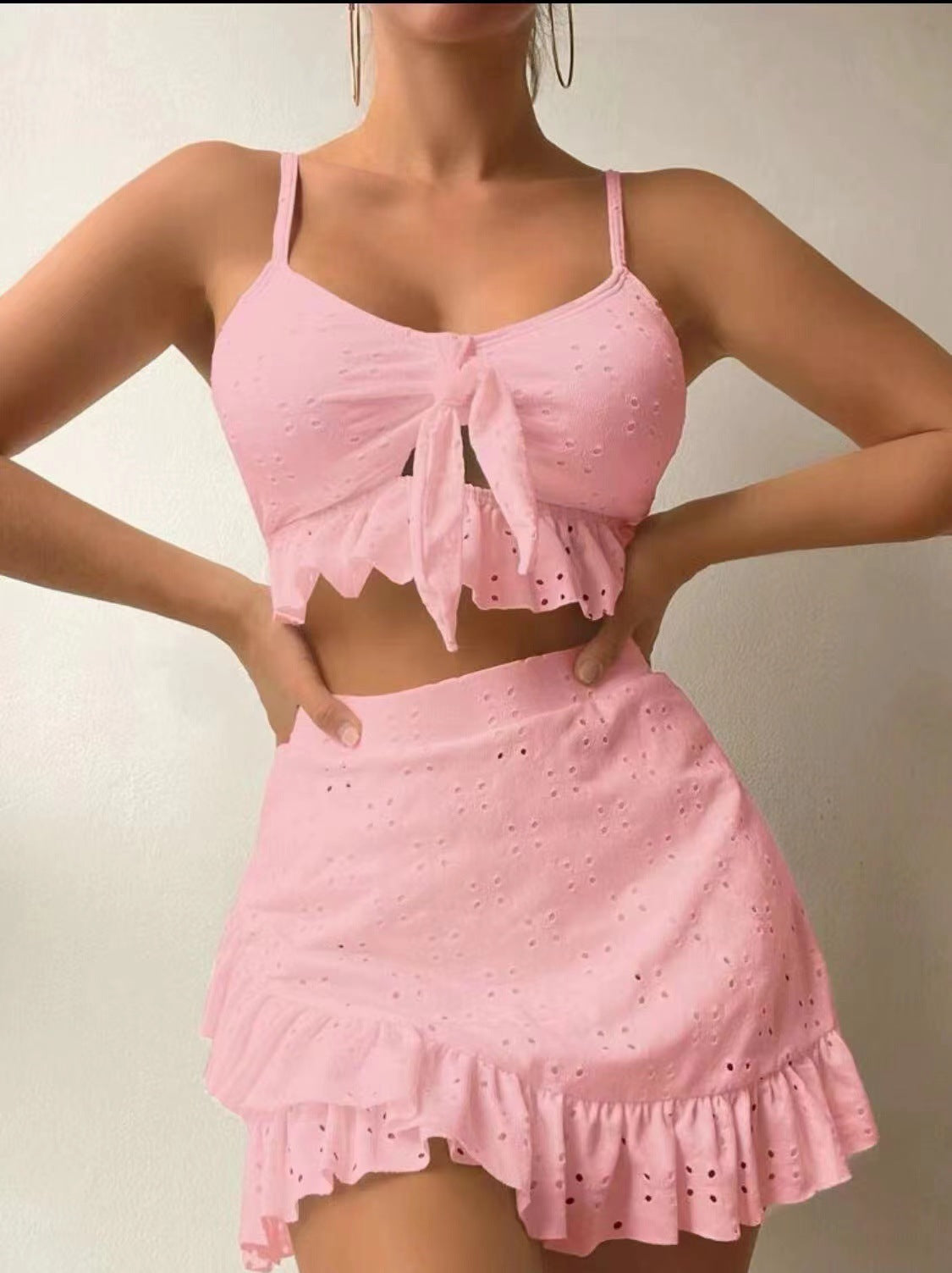 Maillot de bain trois pièces sexy en dentelle ajourée de couleur unie pour femme