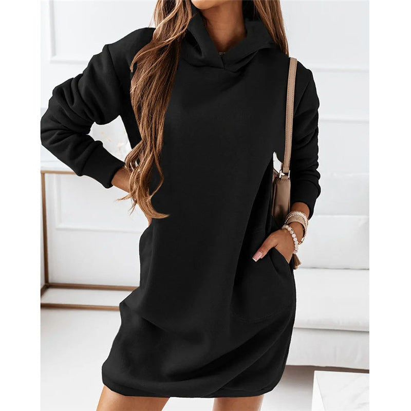 Vestido informal con capucha de manga larga y color liso para mujer