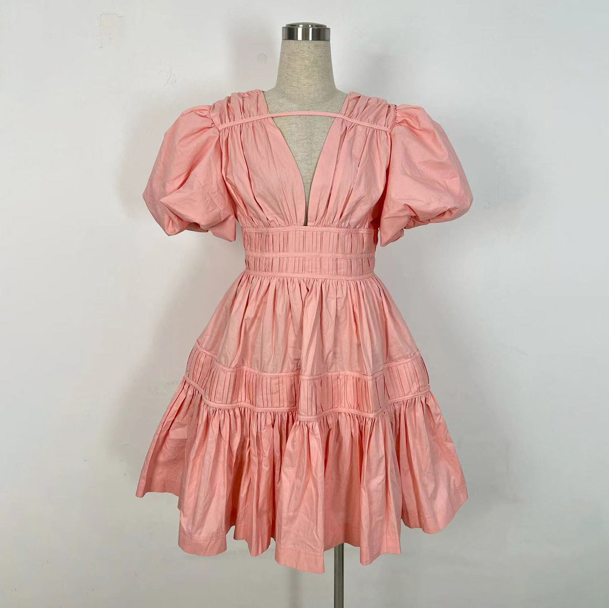 Women Fashion Elegant Solid Color V-Neck Puff Sleeve Dress