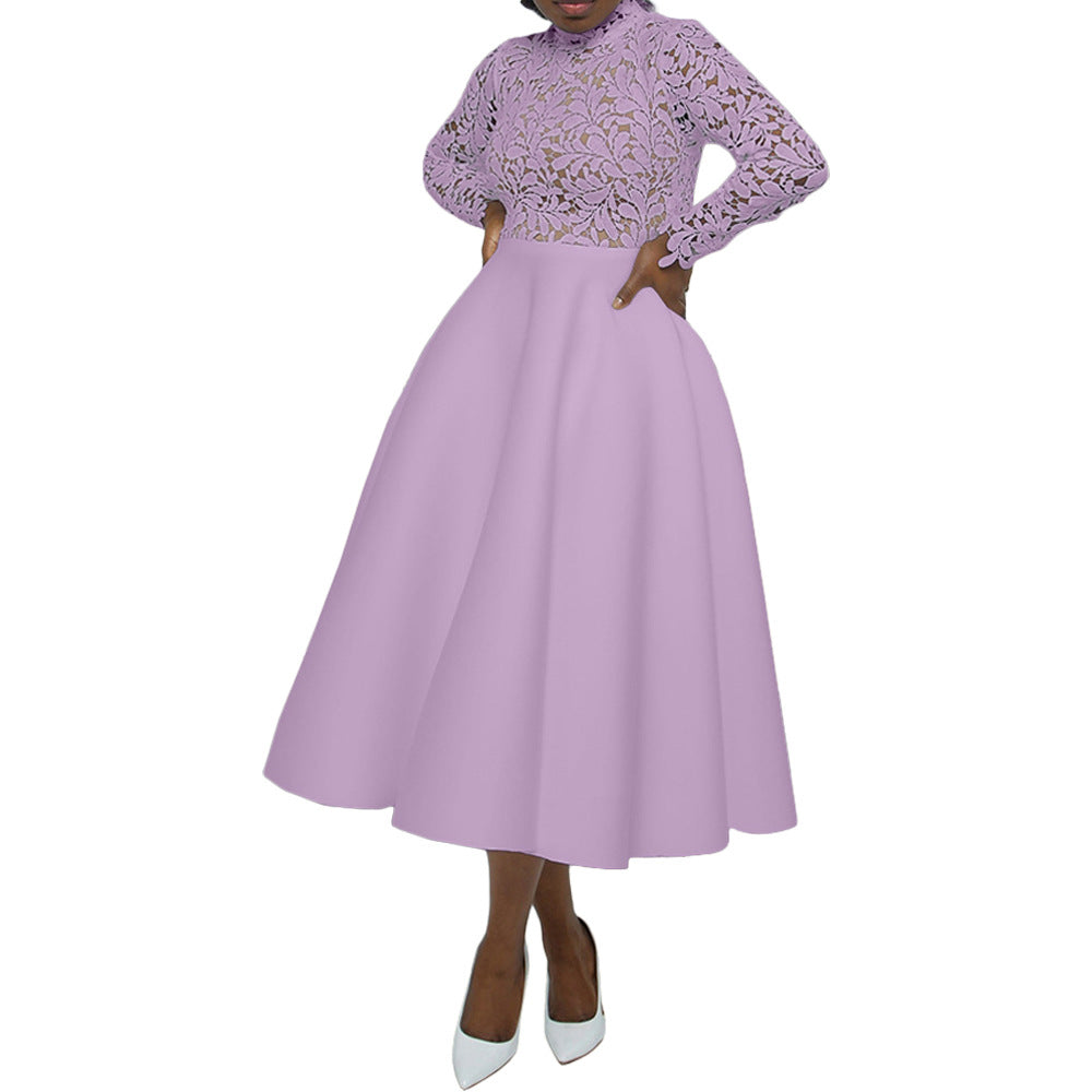 Women Fashion Solid Color Lace Petal Dress