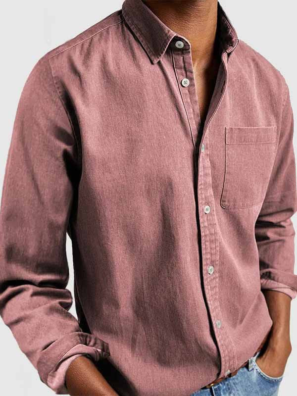 Men'S Casual Solid Color Cotton Shirt with Lapel