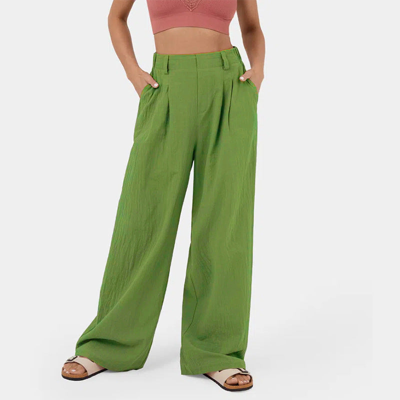 Pantalones casuales de algodón con cintura alta y pierna ancha para mujer