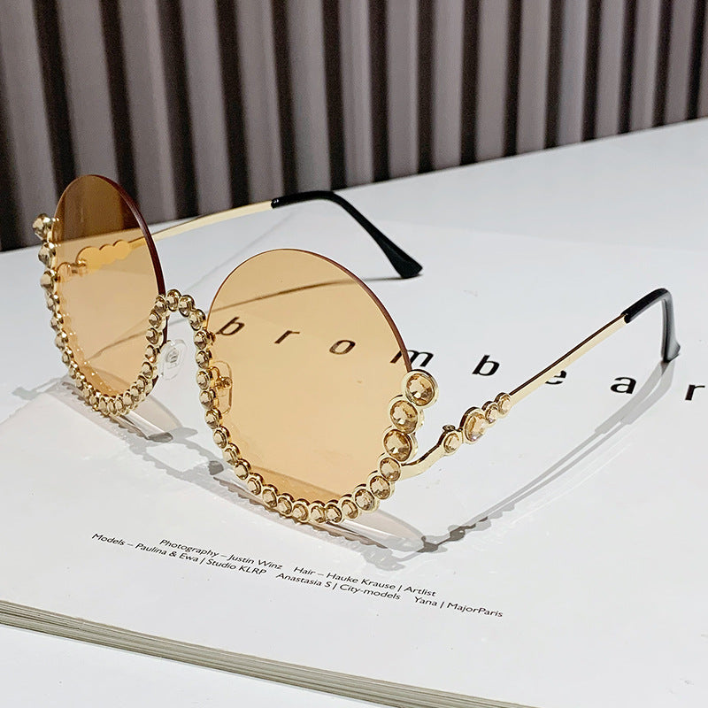 Fashion Metal Rhinestone Round Half Frame Sunglasses
