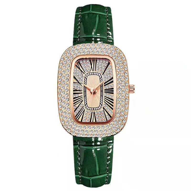 Women Casual Rectangular Rhinestone Watch with Leather Strap