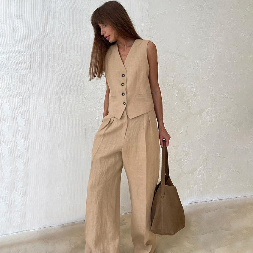 Women Casual Solid Cotton V-Neck Two-Piece Set